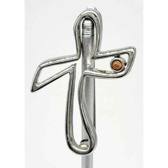 Camco Cross Brooch Pin Modernist Silver Tone Amber Accent Vintage - Picture 8 of 17